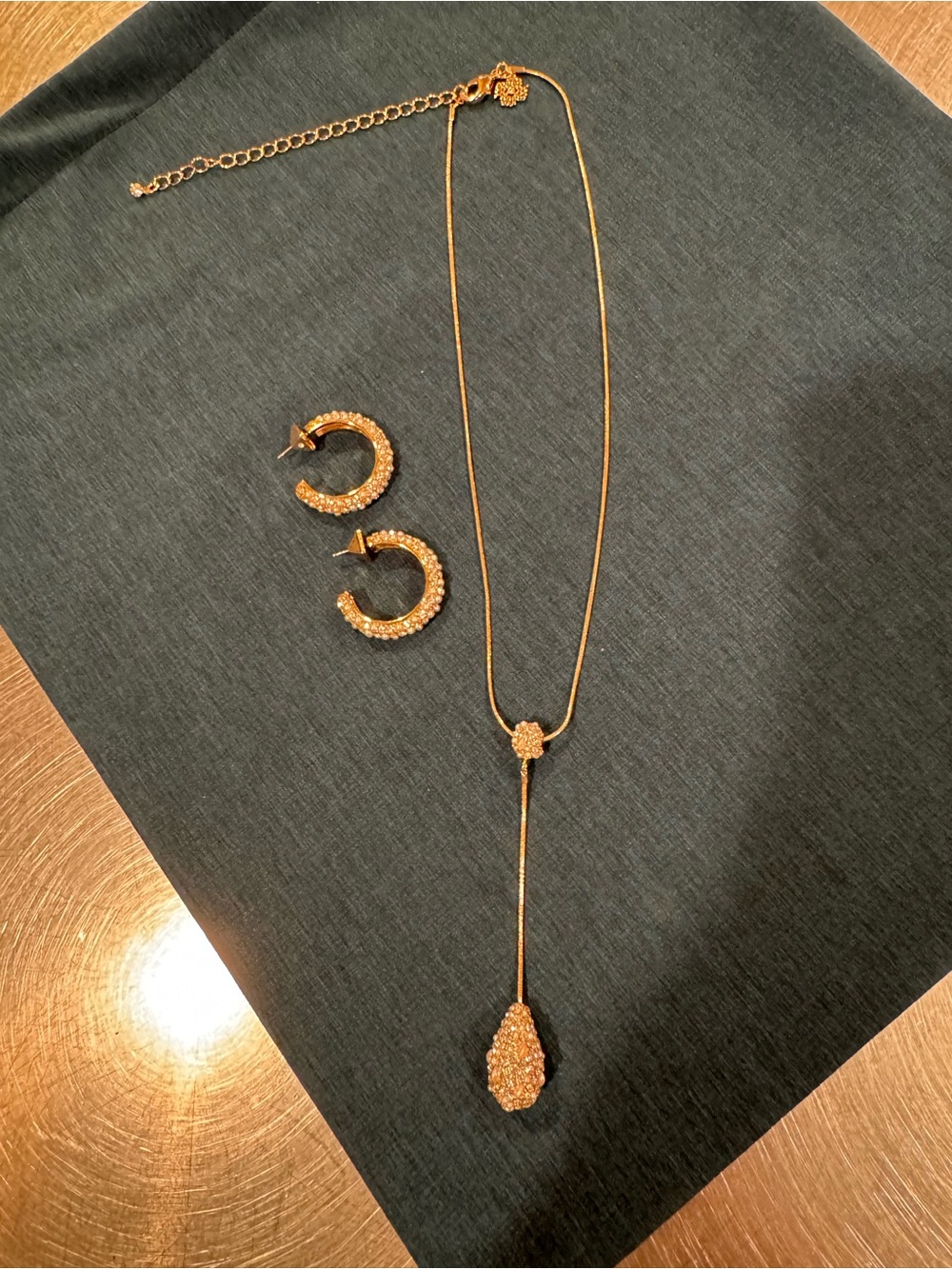 Gold Crystal Drop Lariat Necklace with Matching Hoop Earrings
